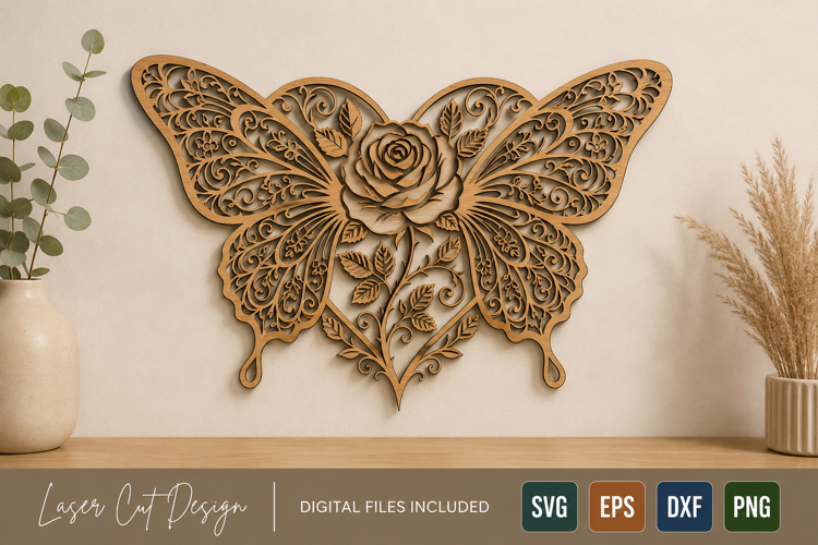 Butterfly Rose Heart Laser Cut File SVG