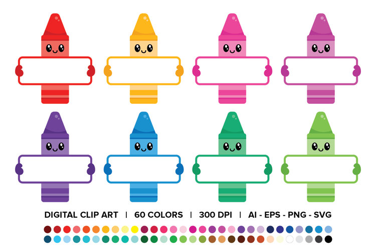Cute Crayons Holding Blank Signs Clip Art Set
