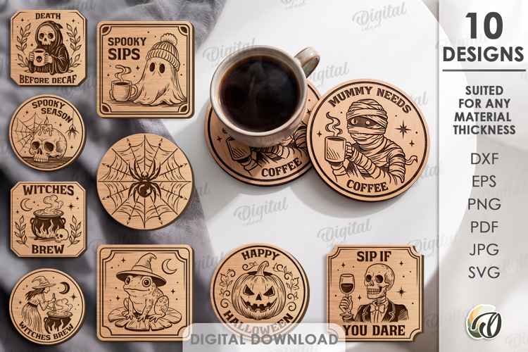 Halloween Coasters Bundle Laser Cut. Drink Coaster SVG