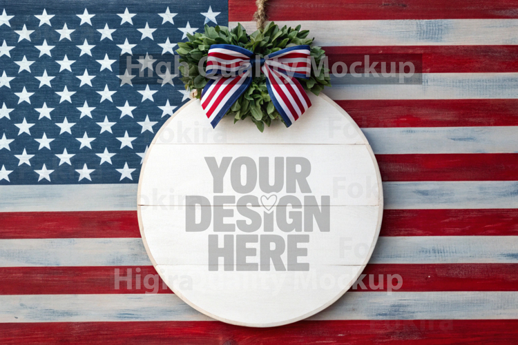 4th of July Round Wood Sign Mockup - Door Wood Sign