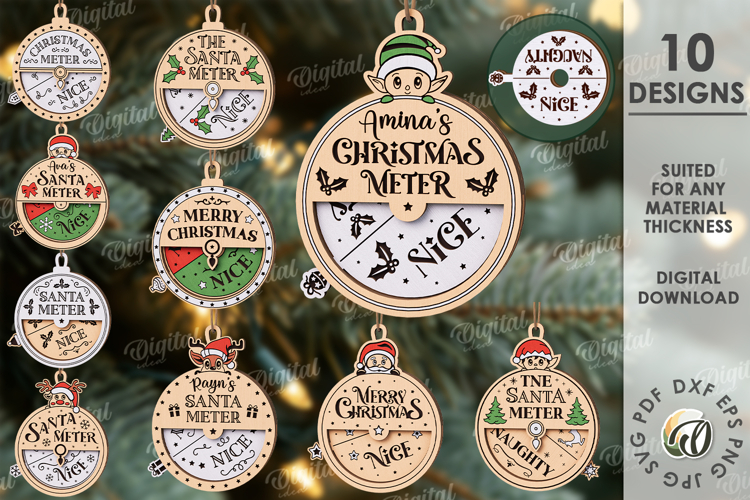Santa Meter Ornaments Bundle Lasercut. Christmas Decor SVG