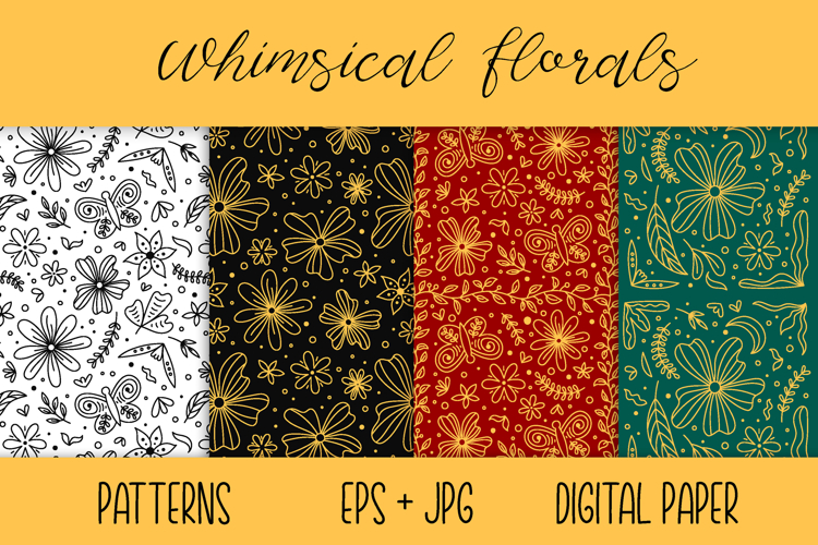 Whimsical Florals Digital Paper Patterns EPS JPG Cute Doodle