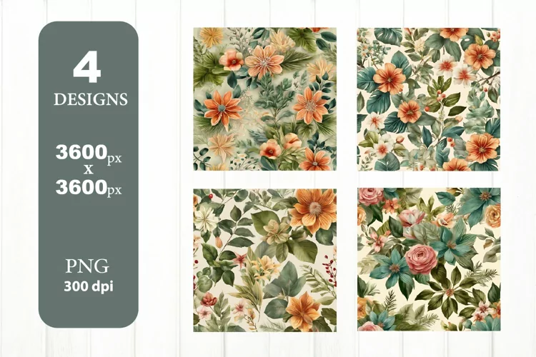 Floral Digital Paper PNG. Watercolor Flower Clipart