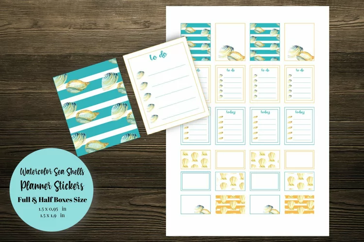 Watercolor Sea Shells Full and Half Boxes Planner Stickers