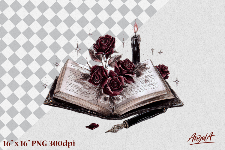 Gothic floral clipart, open book clipart, vintage red roses
