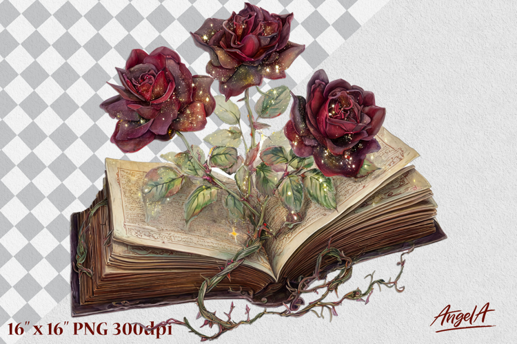 Open book clipart, gothic floral clipart, book flowers roses