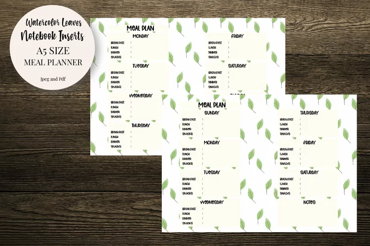 Watercolor Leaves Meal Planner A5 Size Notebook Inserts