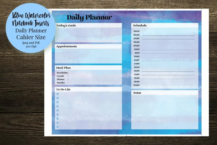Blue Watercolor Cahier Size Notebook Inserts Planner