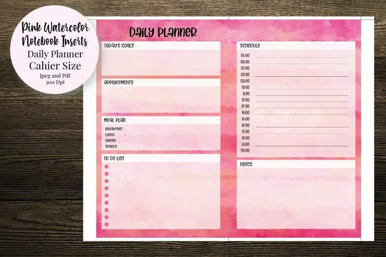 Pink Watercolor Cahier Size Notebook Inserts Planner