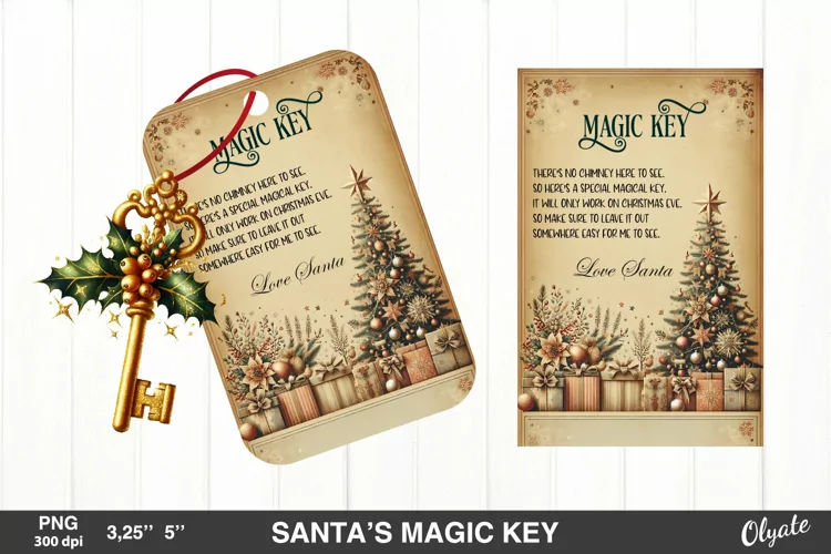 Santa’s Magic Key PNG. Vintage Magic Key Sublimation