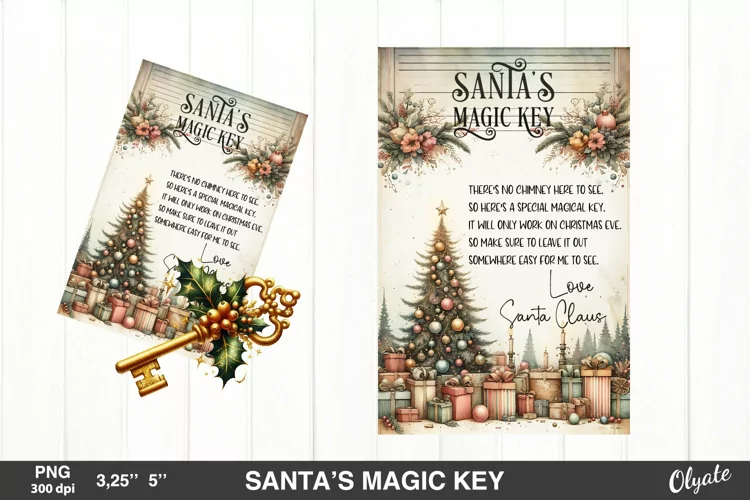 Santa’s Magic Key Design PNG. Vintage Christmas PNG