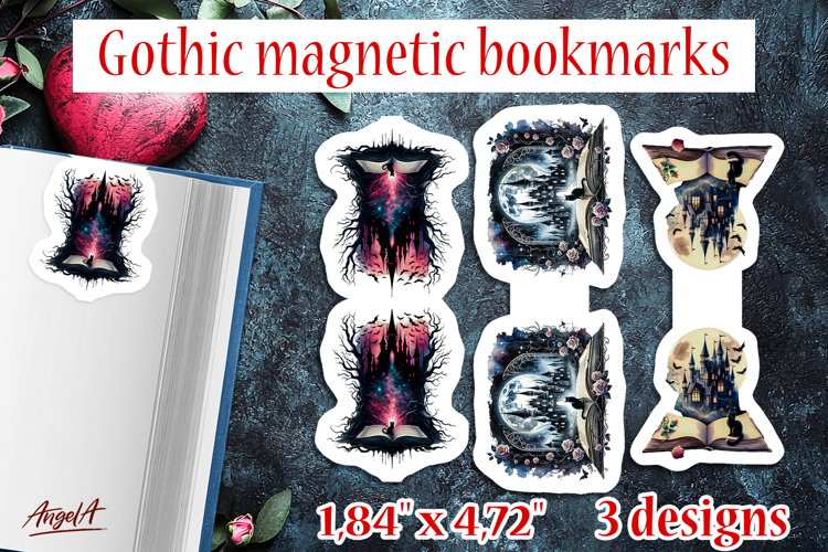 Floral Gothic magnetic bookmarks Open book Black cat Castle