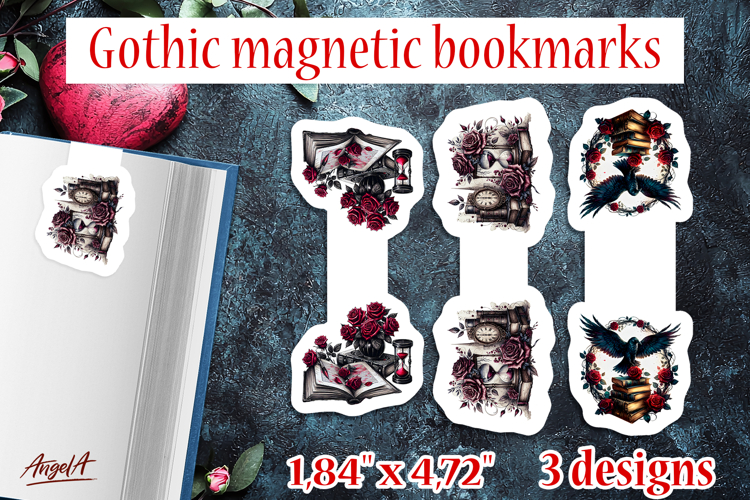 Gothic magnetic bookmark Book lover Stack of books Hourglass
