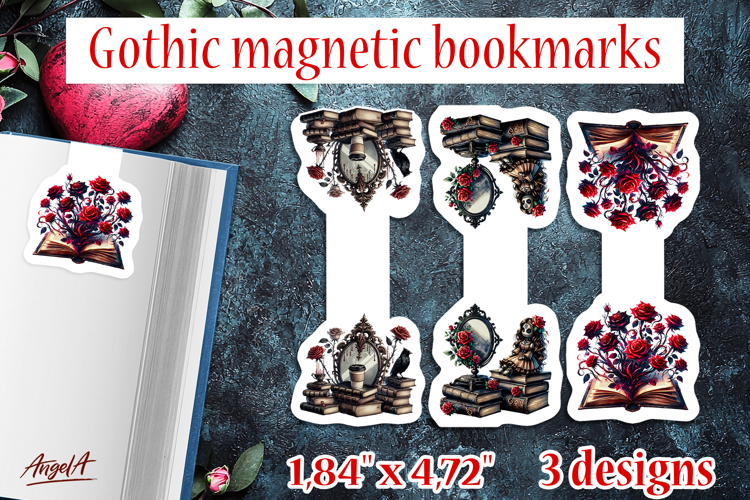 Floral Gothic magnetic bookmarks Book lover Stacked books