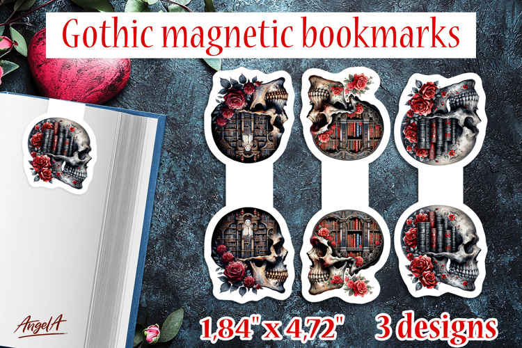 Floral Gothic magnetic bookmarks Skull roses PNG Book lover