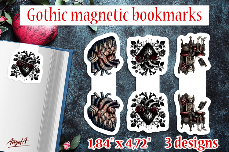 Floral Gothic magnetic bookmarks Anatomical heart Skeleton