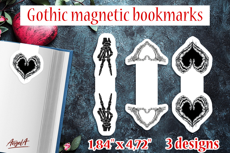 Gothic magnetic bookmarks Skeleton hands PNG Heart shape