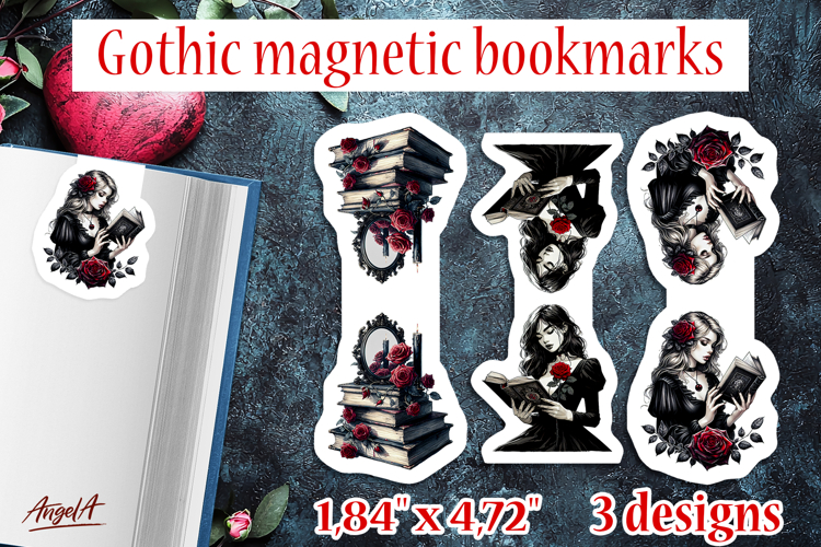Floral Gothic magnetic bookmarks Reading Book lover girl PNG