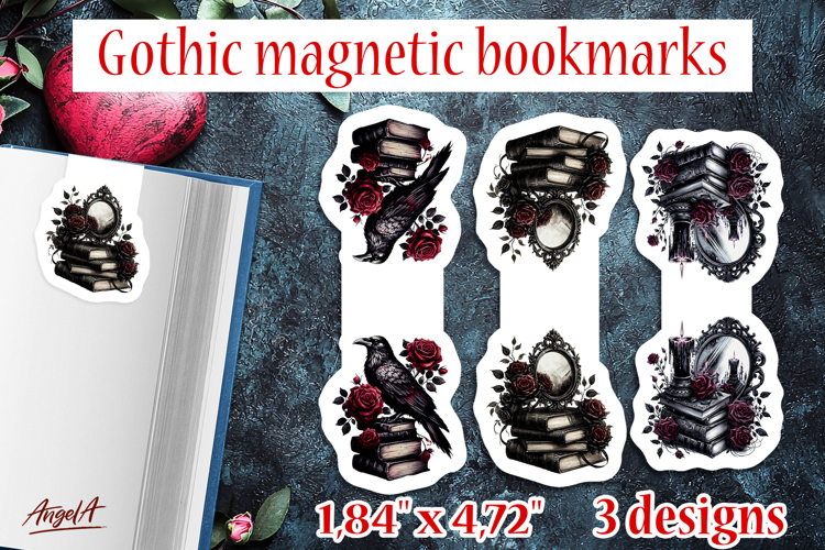 Floral Gothic magnetic bookmarks Book lover Stack of books