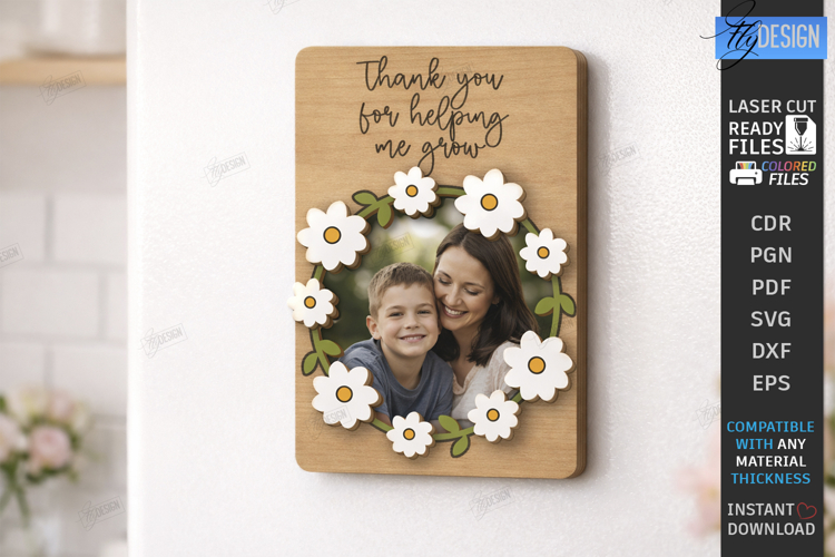 Mothers Day Mini Photo Frame Laser Cut | Floral Magnet SVG