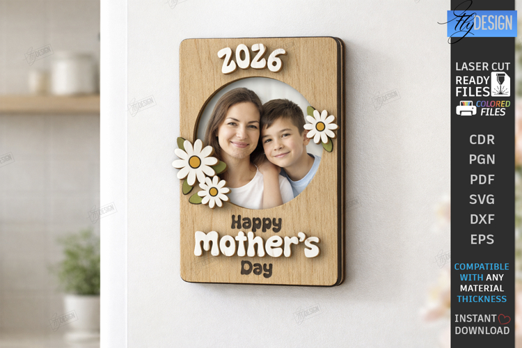 Mothers Day Mini Photo Frame Laser Cut | Floral Magnet SVG