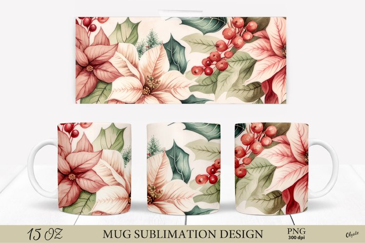 Christmas Mug Sublimation PNG. Poinsettia Mug PNG