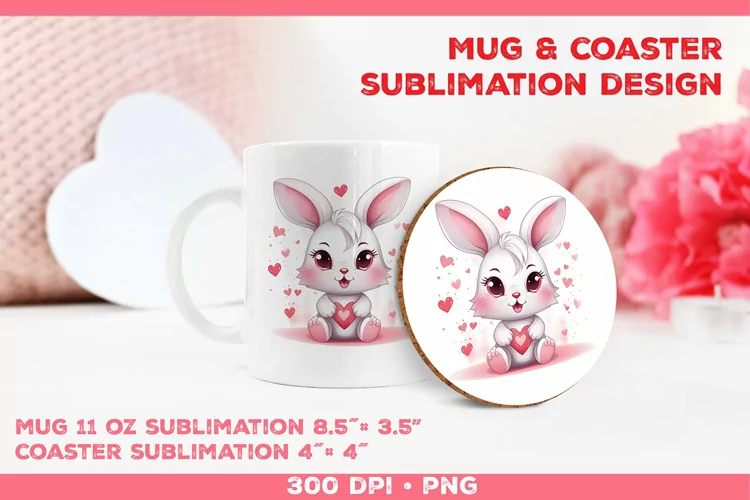 Cute Adorable Rabbit Mug and Coaster Sublimation Design