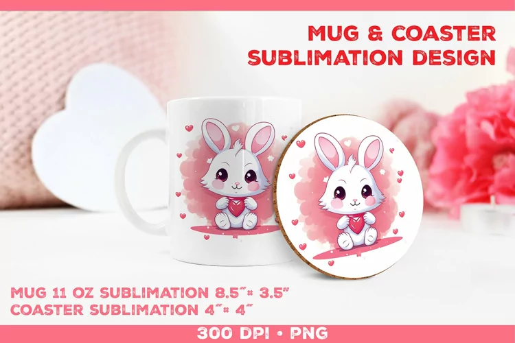 Cute Adorable Rabbit Mug and Coaster Sublimation Design