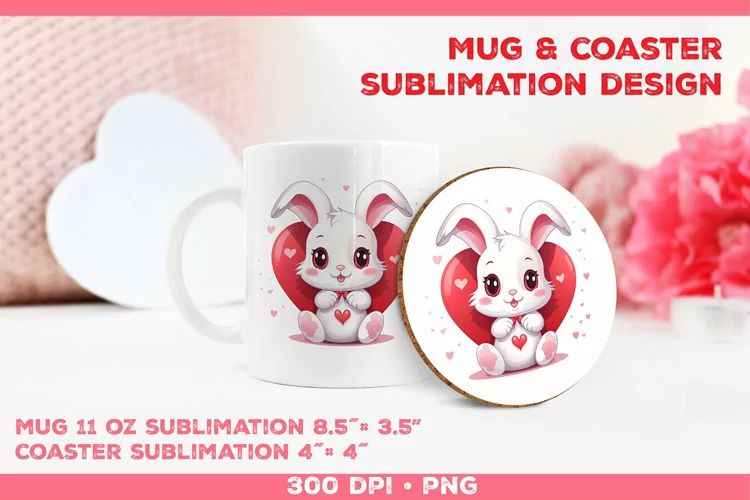 Cute Adorable Rabbit Mug and Coaster Sublimation Design