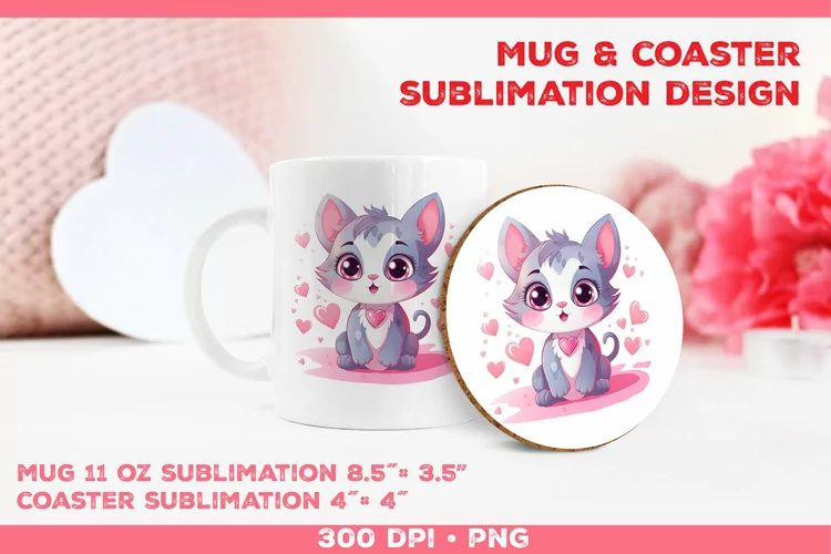 Cute Adorable Kitten Mug and Coaster Sublimation Design