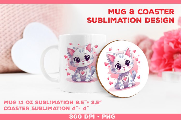 Cute Adorable Kitten Mug and Coaster Sublimation Design example image 1