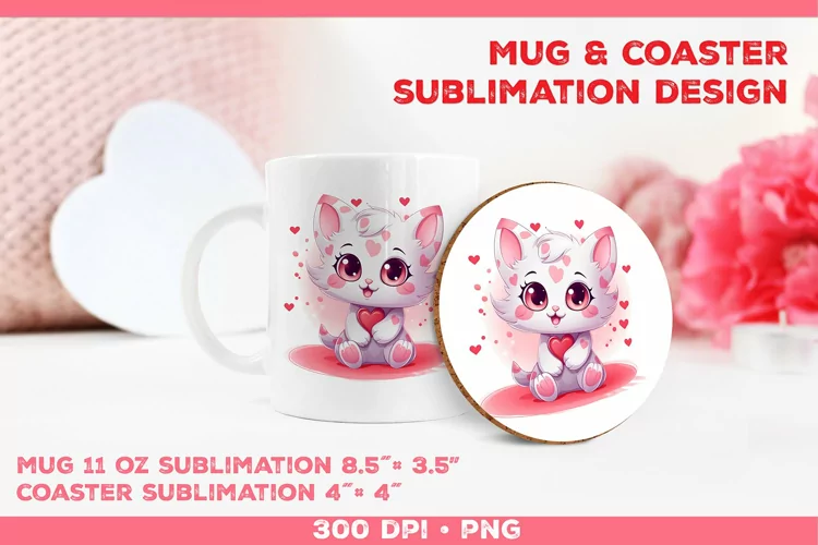 Cute Adorable Kitten Mug and Coaster Sublimation Design