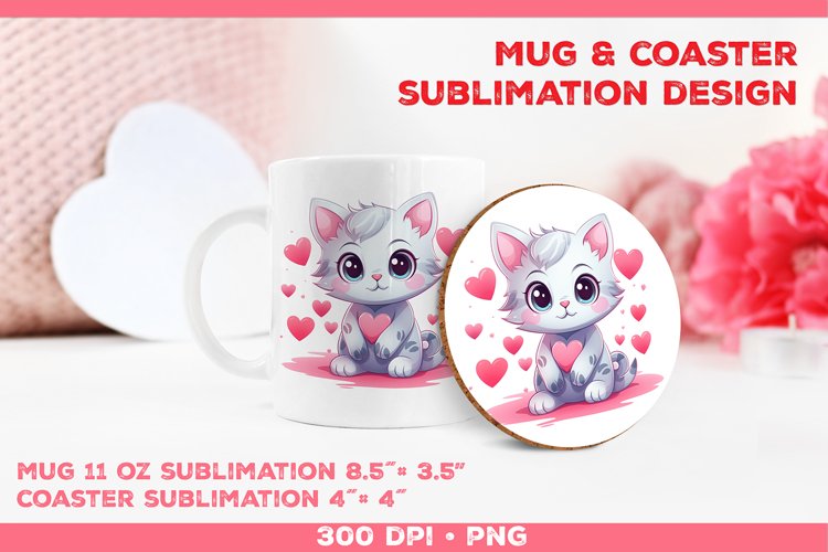 Cute Adorable Kitten Mug and Coaster Sublimation Design example image 1