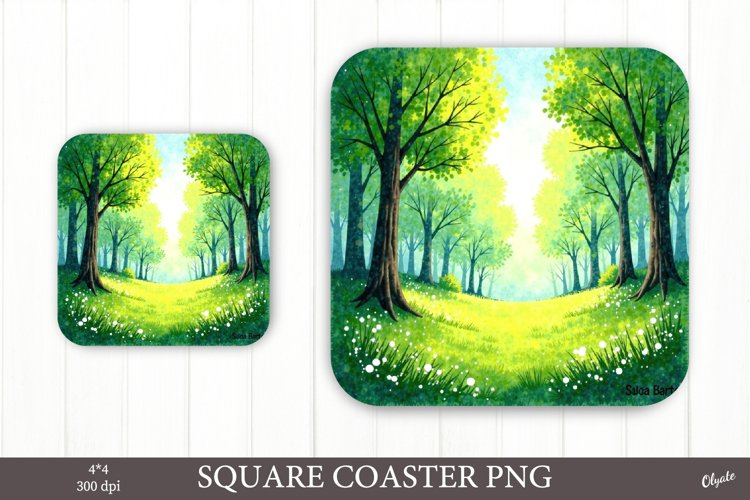 Nature PNG. Morning Forest Coaster PNG. Square Coaster example image 1