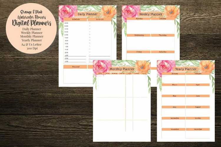 Orange and Pink Watercolor Flowers Digital Planners
