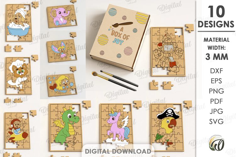 Paintable Wooden Kids Puzzles Bundle Lasercut. Kids Game SVG