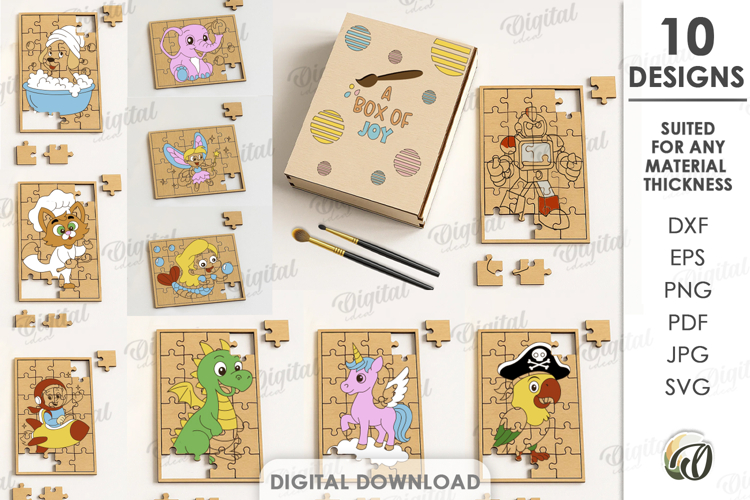 Paintable Wooden Kids Puzzles Bundle Lasercut. Kids Game SVG