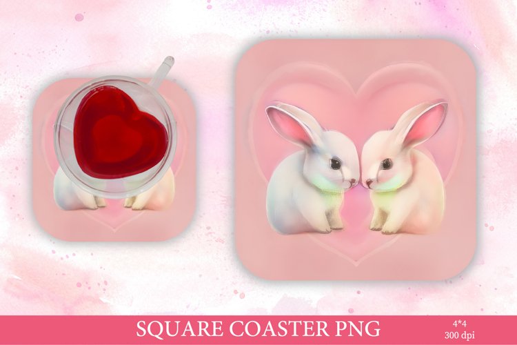 Valentines Day Square Coaster PNG. Pink Bunny PNG