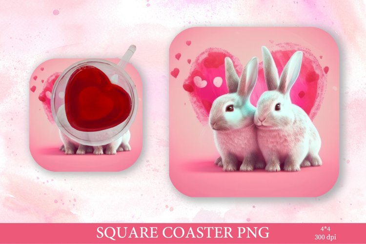 Watercolor Pink Bunny PNG. Square Coaster PNG.