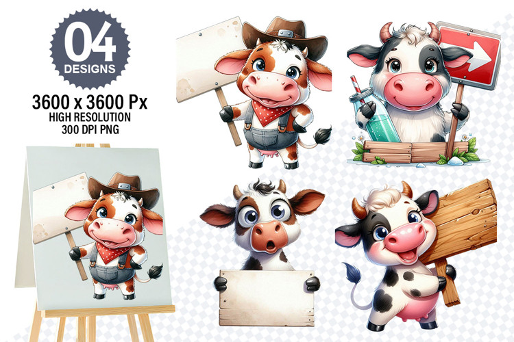 Watercolor Funny Cow Designs, Farm Animal Clipart PNG
