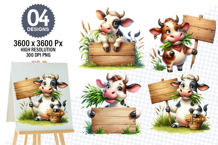 Watercolor Funny Cow Designs, Farm Animal Clipart PNG