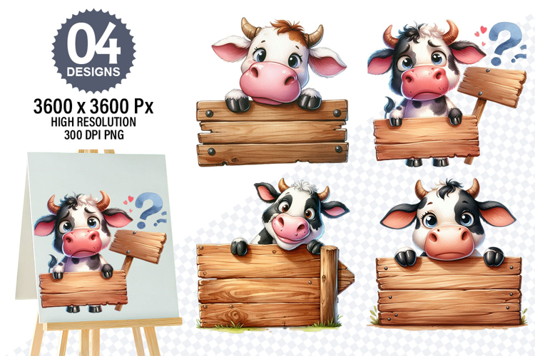Watercolor Funny Cow Clipart PNG, Cow Sublimation Designs