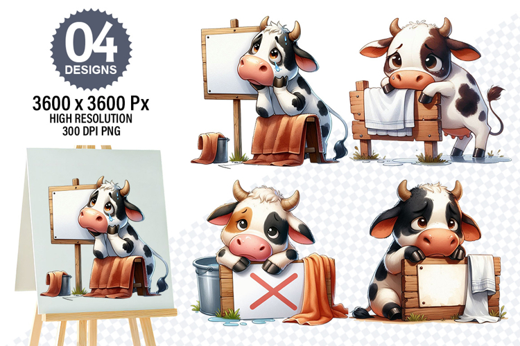 Watercolor Funny Cow Designs, Farm Animal Clipart PNG