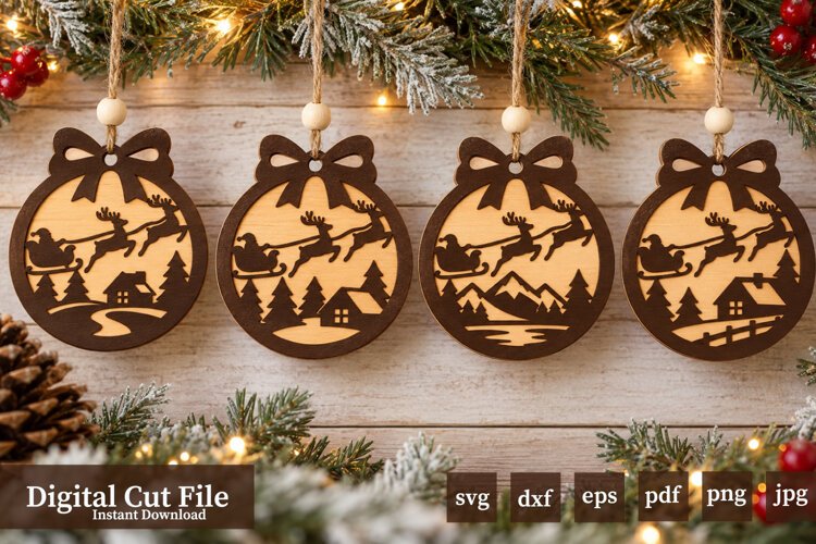 Santa Sleigh Laser Cut Christmas Ornaments 4x Designs - Free Design of The Week