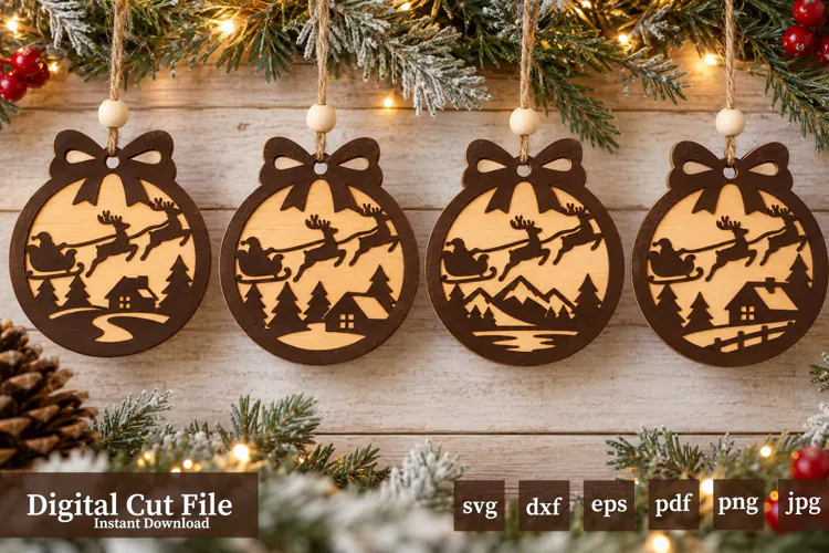Santa Sleigh Laser Cut Christmas Ornaments 4x Designs