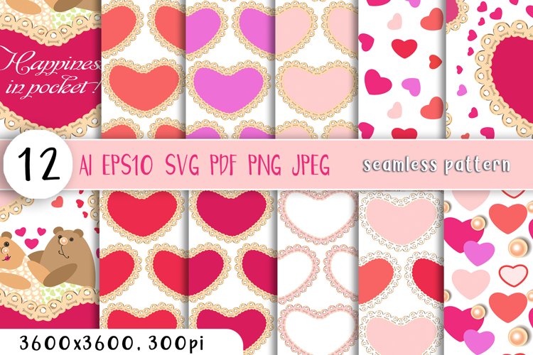 Bundle of Seamless textures/Hearts, Love, Wedding, Valentine  Abstract colorful, pink illustration. A texture with a repeating pattern. Hearts in lace and a funny family of bears. The inscription is Happiness in your pocket. Bright, contrasting colors