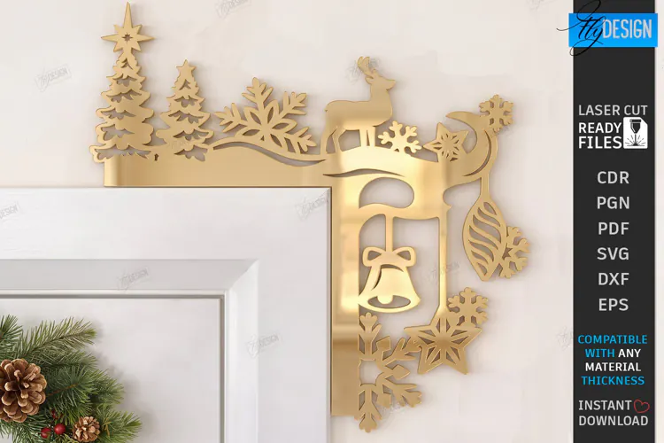 Gold Door Corner Laser Cut| Christmas Wall Decor | Deer