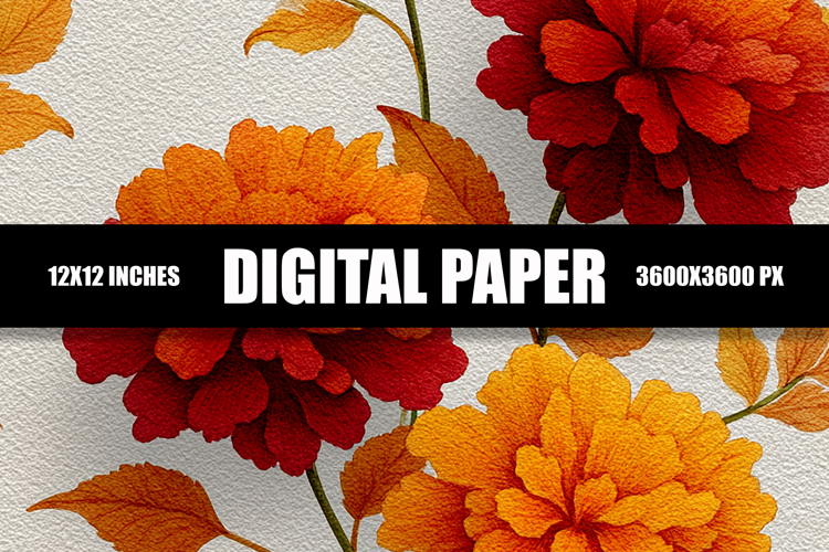Orange Floral Digital Paper