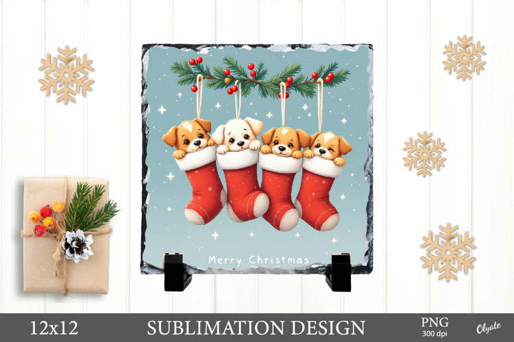 Christmas Slate Sublimation, Puppies in Socks PNG