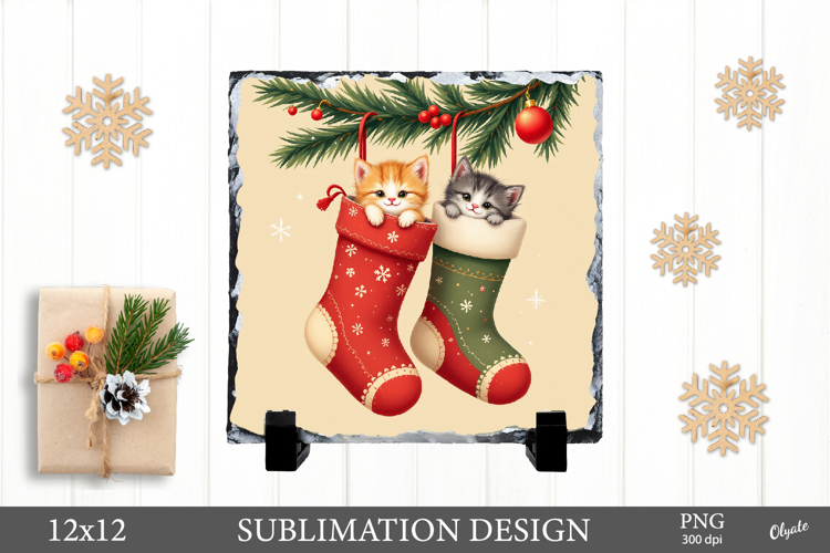 Christmas Slate Sublimation, Kittens in Socks PNG